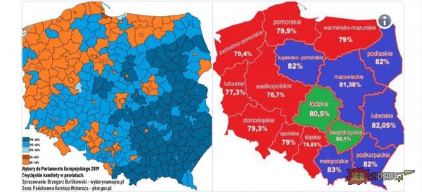 Po lewej stronie foto przedstawia wybory europejskie w powiatach a po prawej stronie foto przedstawia zdawalność matur.