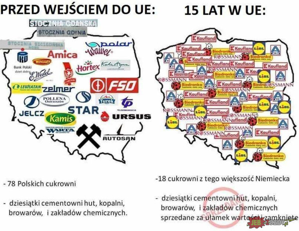 Cena Wejścia Polski do Unii i sprzedaż lub likwidacja wielu firm które stanowiły konkurencję dla gospodarki Uni