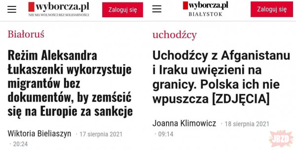 Tytuły w "Gazecie Wyborczej". Z lewej: gdy imigranci są na granicy białorusko-litewskiej. Z prawej: gdy imigranci są na granicy białorusko-polskiej.