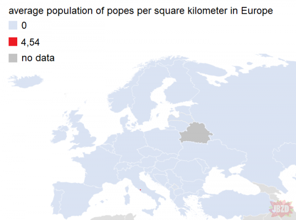 Średnia populacja papieży na kilometr kwadratowy w Europie