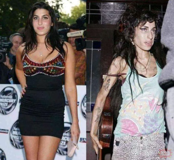 Amy Winehouse. Na początku kariery, kiedy miała 18 lat i na końcu, 27 lat