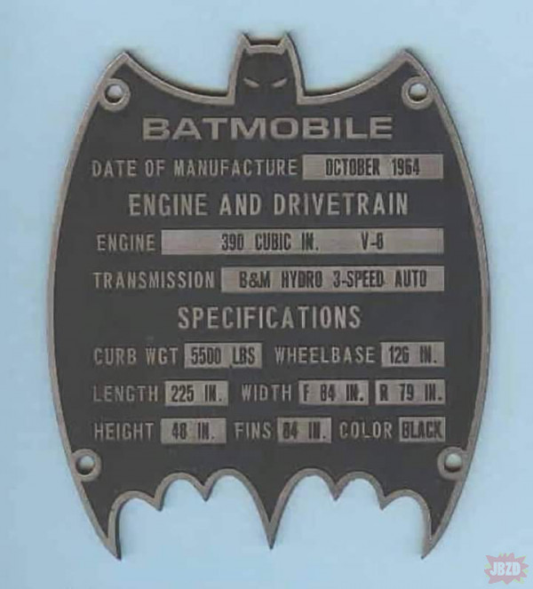 Tabliczka znamionowa z pierwszego, filmowego Batmobilu.