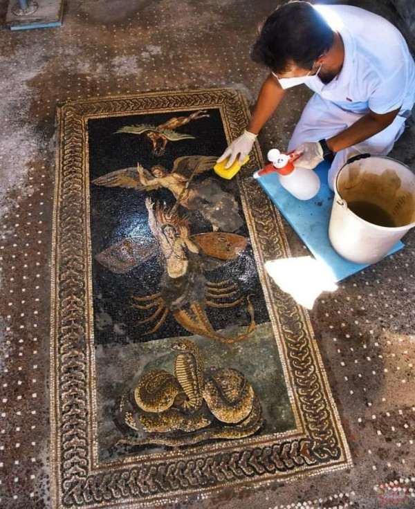Rzymska mozaika odkryta podczas ostatnich wykopalisk w Pompejach.