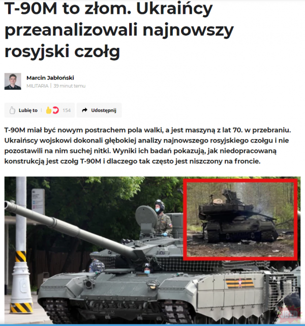 "Ukraińscy wojskowi dokonali analizy przechwyconych czołgów T-90M. Jej wyniki przedstawiono na ostatnim briefingu przedstawiciela ukraińskiego Sztabu Generalnego."