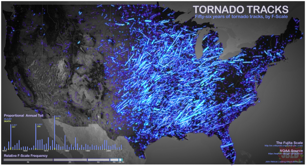 Ślady pozostawione przez tornado na przestrzeni 56 lat.