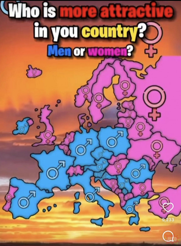 Mapa z instagrama przedstawiająca SMV dla każdej płci w danym kraju