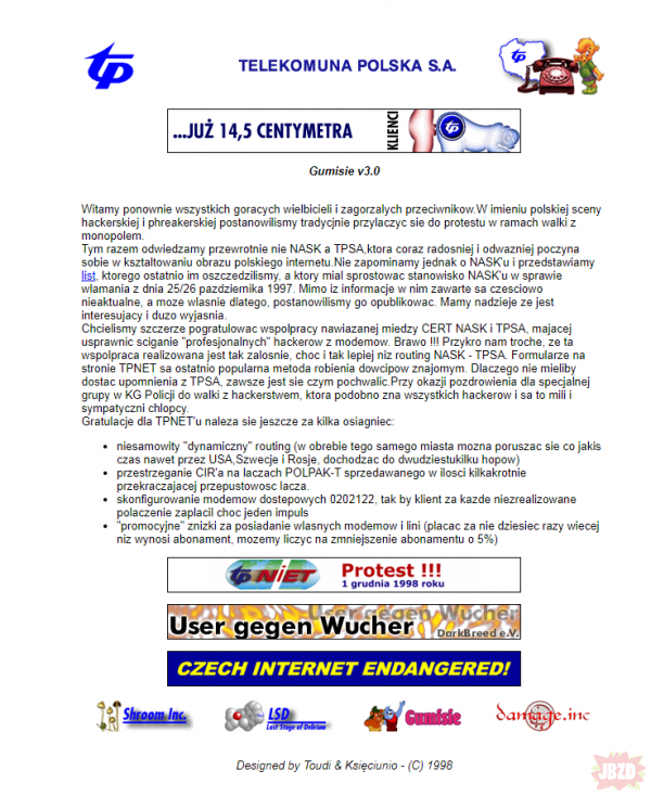 strona TP S.A. z 1998 po ataku polskiej grupy hakerów "Gumisie"