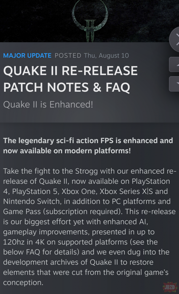 Quake II dostał dzisiaj remaster dzidki. Trzeba napierdalać Stroggów dzidki.