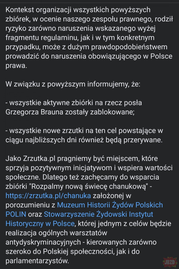 Zrzutka.pl o zbiórce dla Grzegorza Brauna
