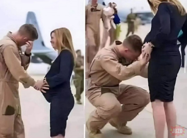 Wzruszające zdjęcie żołnierza który wraca po 3 latach służby do domu i dowiaduje się, że będzie ojcem